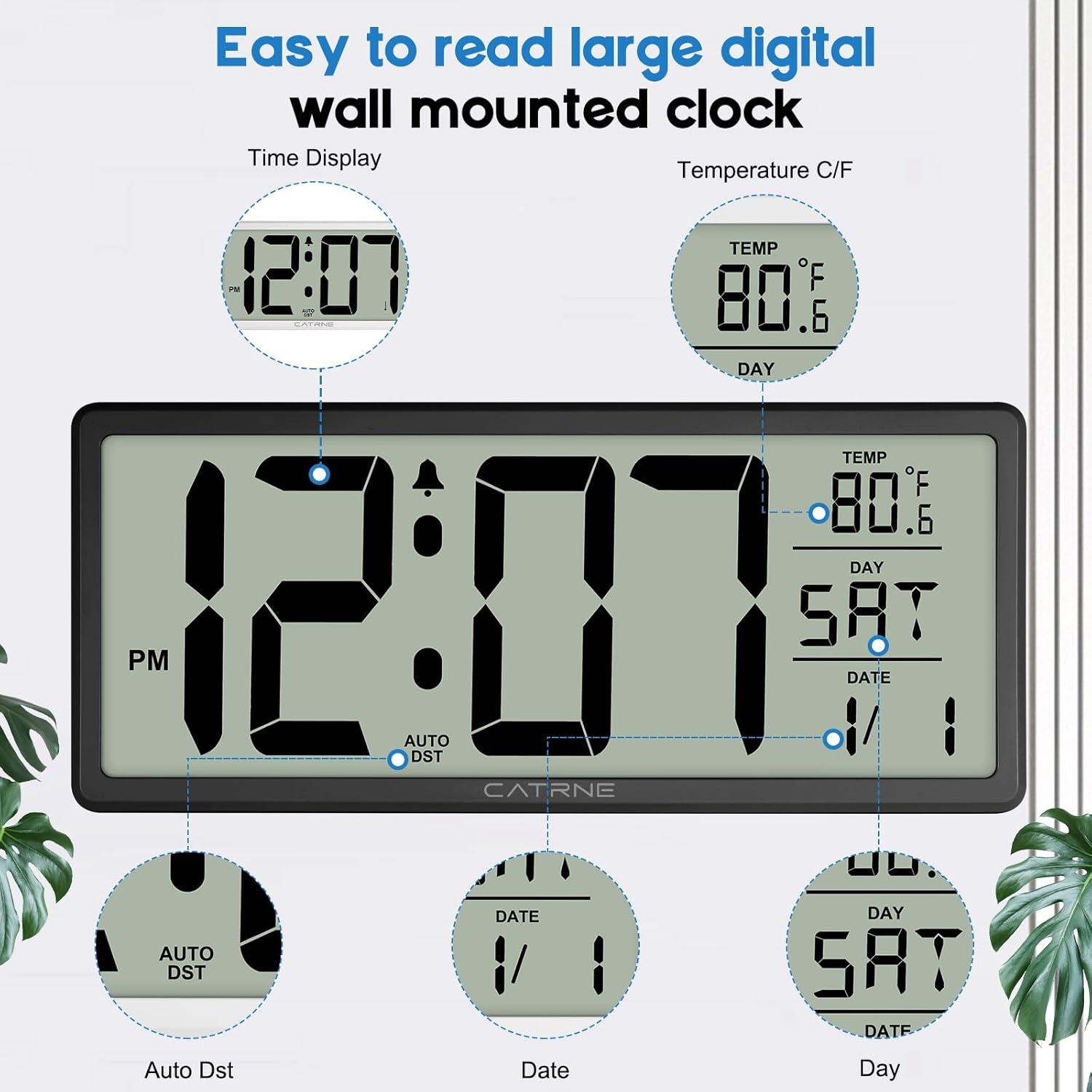 WallarGe 14.5'' Large Digital Wall Clock Battery Operated with Jumbo Numbers, Temperature and Date - Easy to Read and Set, Auto DST