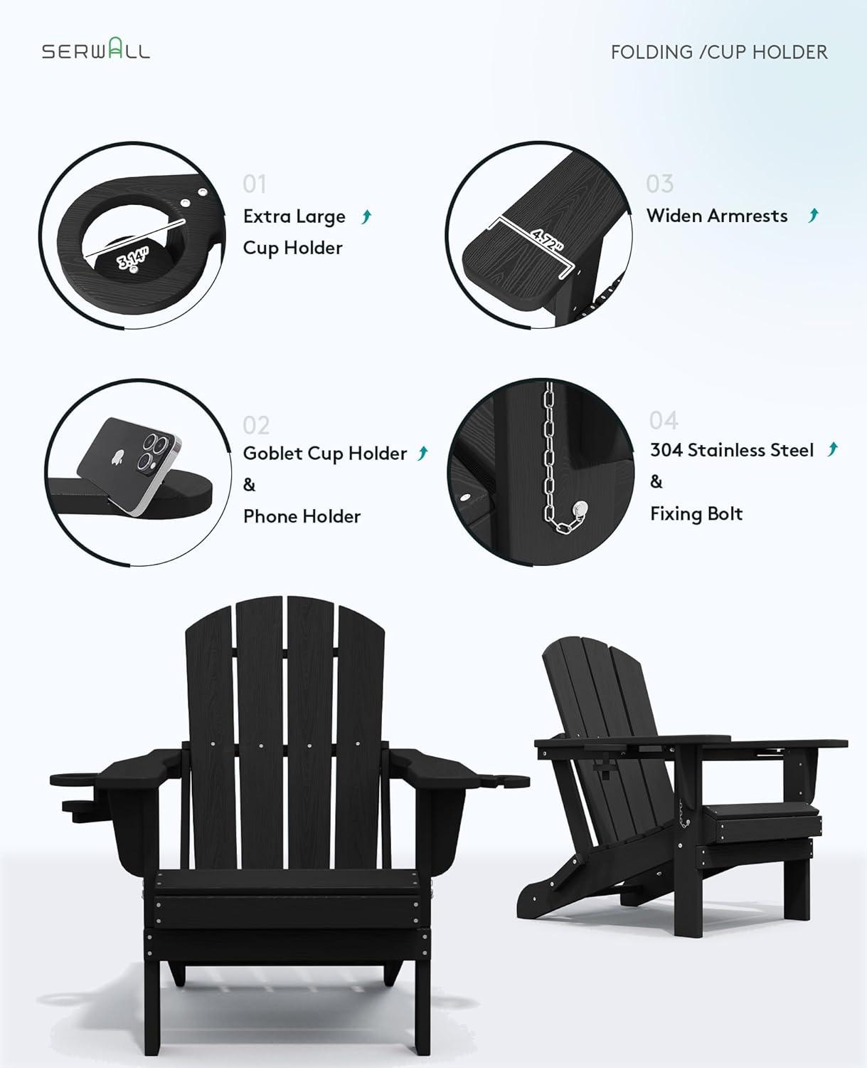 2PCS Folding HDPE Adirondack Chair with 4 in 1 Cup Holder Tray, Outdoor Patio Plastic Adirondack Chairs Weather Resistant, Black