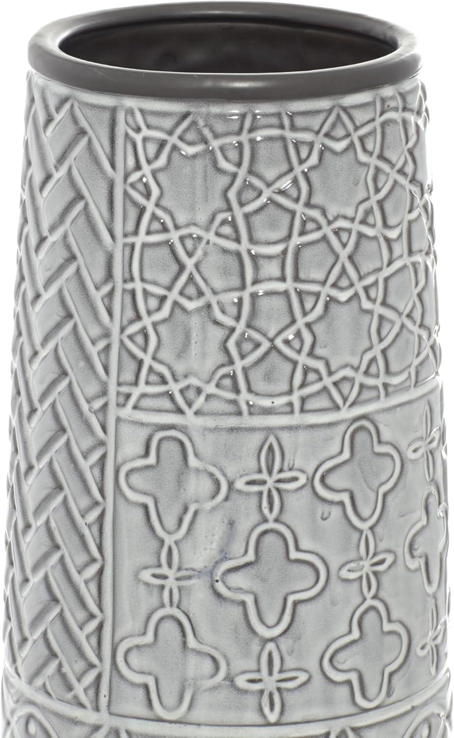 DecMode Gray Eclectic Ceramic Decorative Vase with Chevron, Scribbles, Curved Scales and Scrolling Vines Pattern, 7"W x 22"H