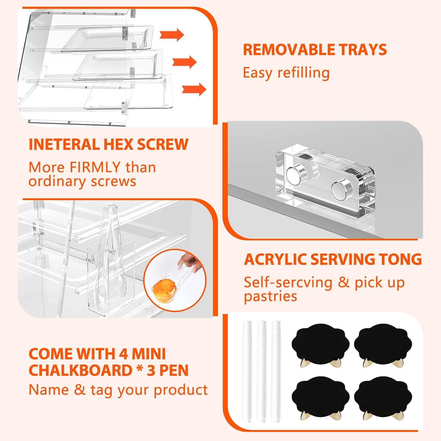 Clear Acrylic 3-Tier Countertop Bakery Display Case with Removable Trays