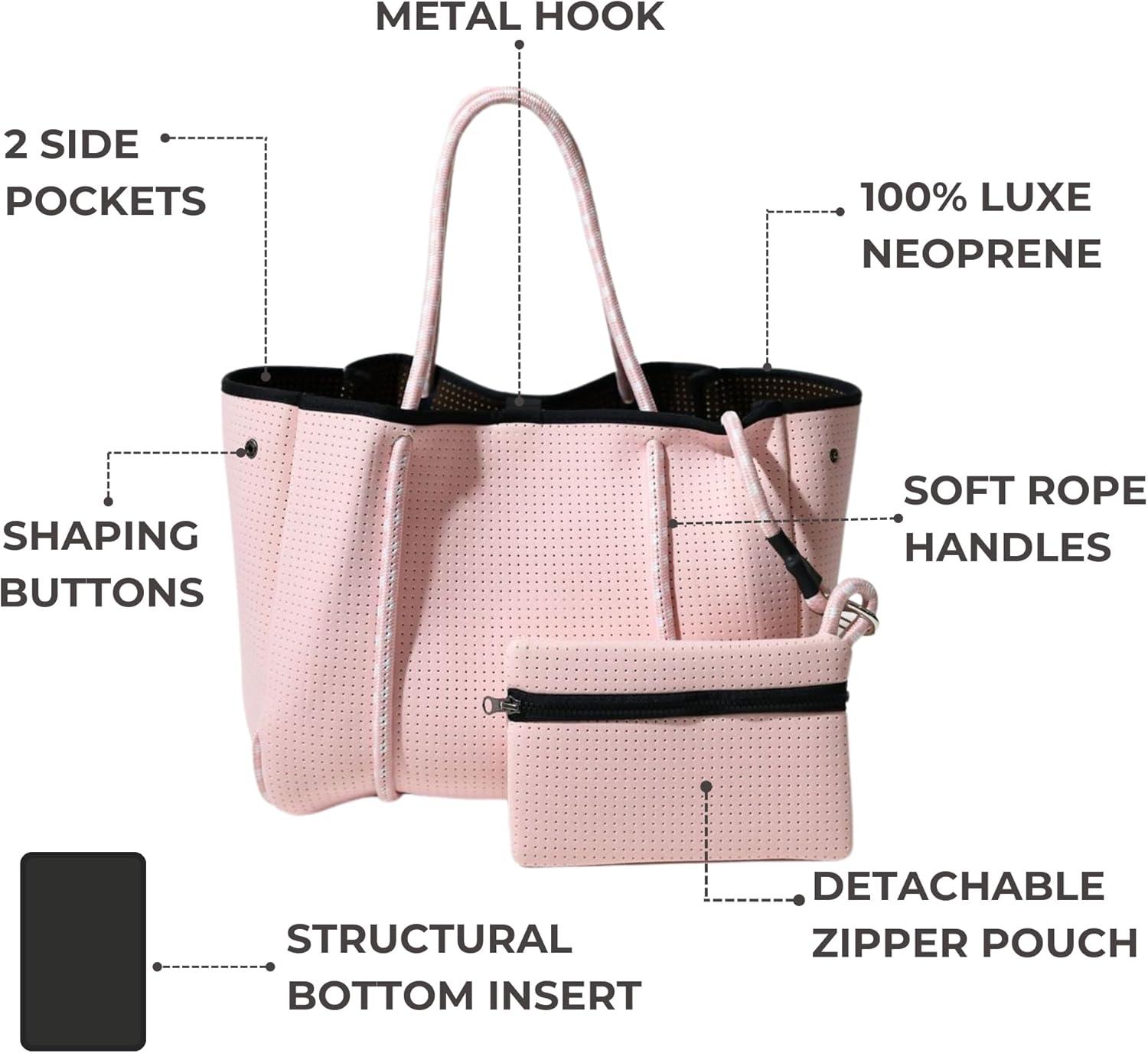 Pastel Pink Neoprene Tote Bag with Zipper Pouch