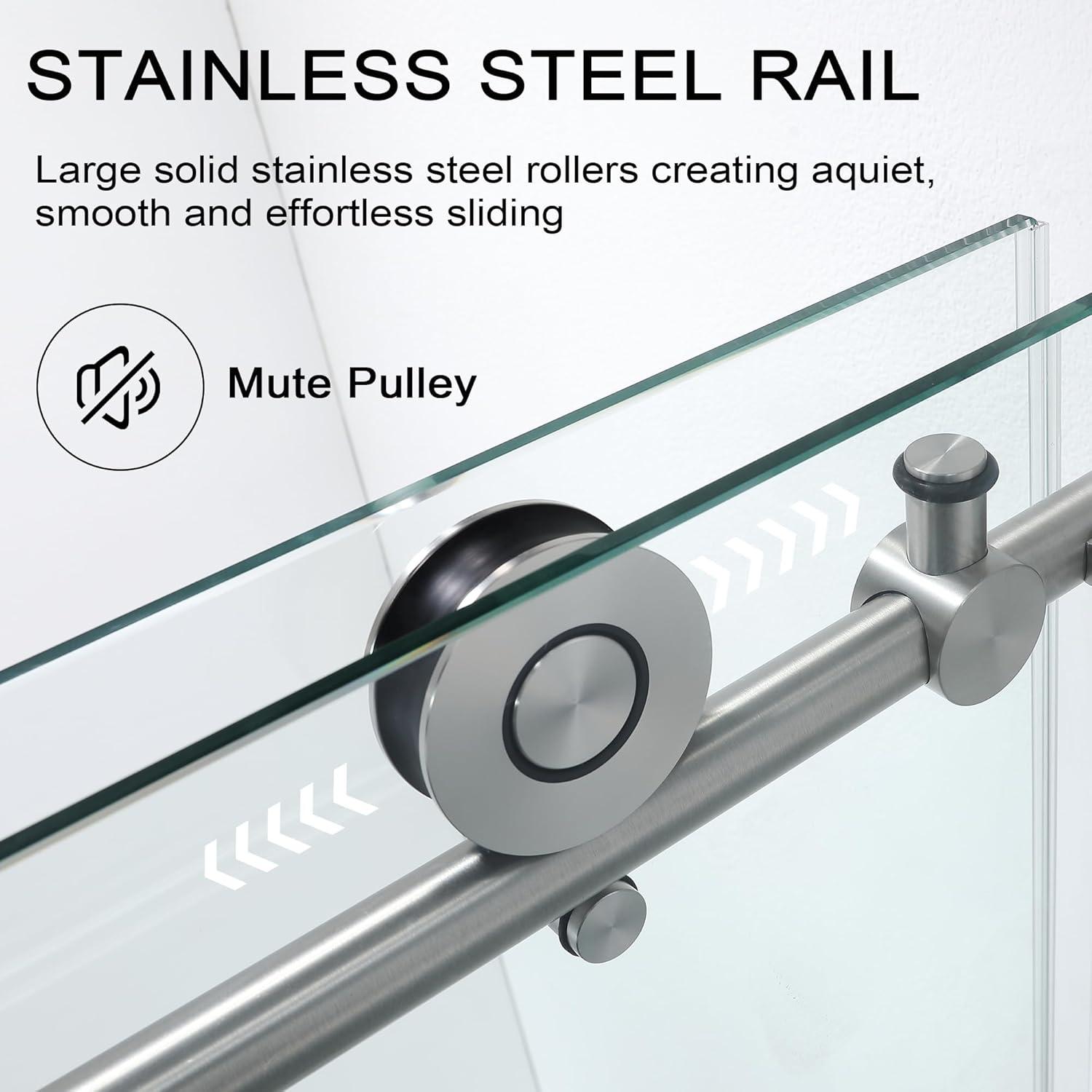Frameless Sliding Shower Door, 76 x (44-48) Inch Frameless Shower Door, 5/16" (8mm) Clear Tempered Glass in Brushed Nickel Finish, Glass Shower Door