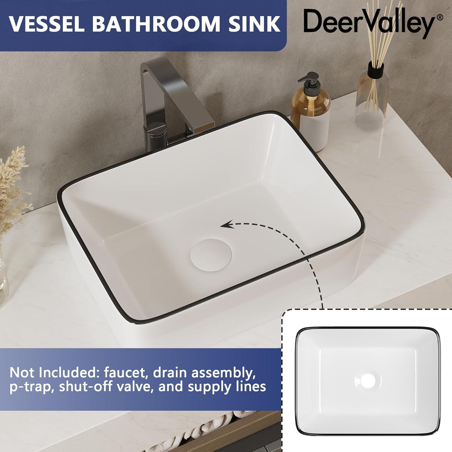DeerValley DV-1V0317 Deervalley Liberty 16'' X 12'' Rectangular Vitreous China Vessel Bathroom Sink, White With Black Striped Edge