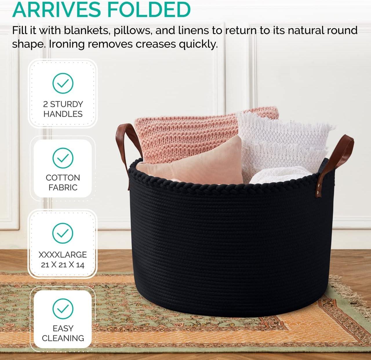 XLarge Round Cotton Rope Storage Basket Bin Organizer Laundry Hamper with Leather Handles, 21 x 21 x 14, Extra Large Blanket Woven Toy Basket for Baby Nursery - Cream