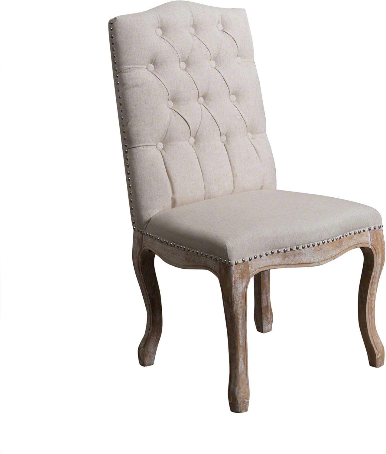 Jolie Beige Linen Tufted Dining Chairs with Birch Frame, Set of 2