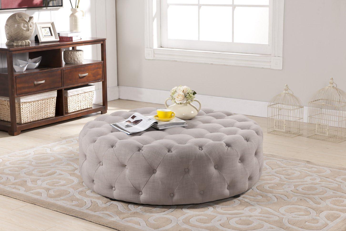 Cardiff Beige Linen 42" Round Tufted Ottoman