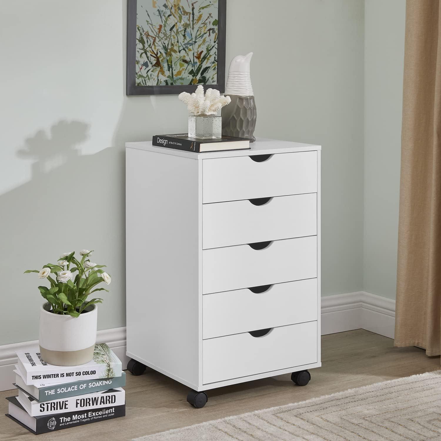 Naomi Home 5 Drawer Dresser, Tall Dressers for bedroom, Kids dresser with Wheels, Durable Storage dresser, Small Dresser for Closet, Makeup dresser with 180 lbs Capacity – White