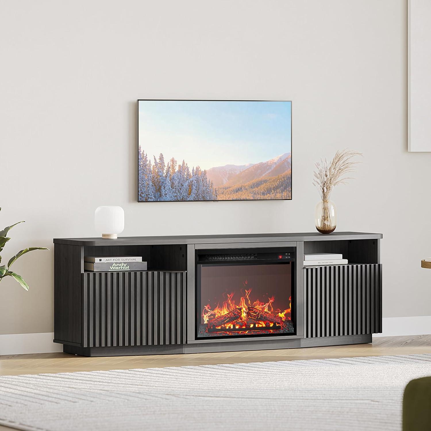 BELLEZE 68" TV Stand with 23" Electric Fireplace Heater, Ebony