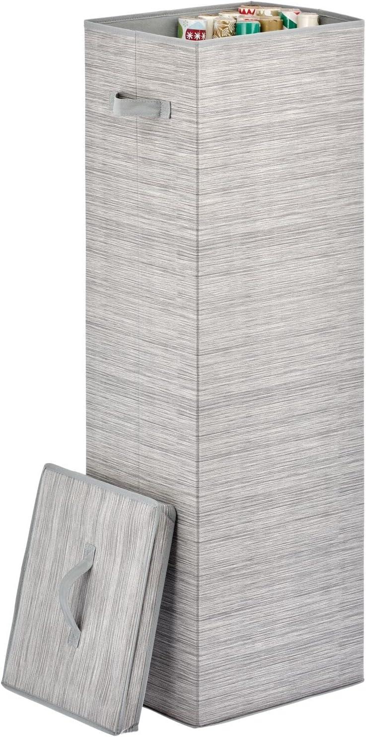 mDesign Tall Gift-Wrapping Paper Storage Box with Handles, Holder for Christmas and Holiday Organizer Container - Removable Lid for Rolls of Wrap, Inside Closet Storage Totes, Stripe, Taupe/Tan