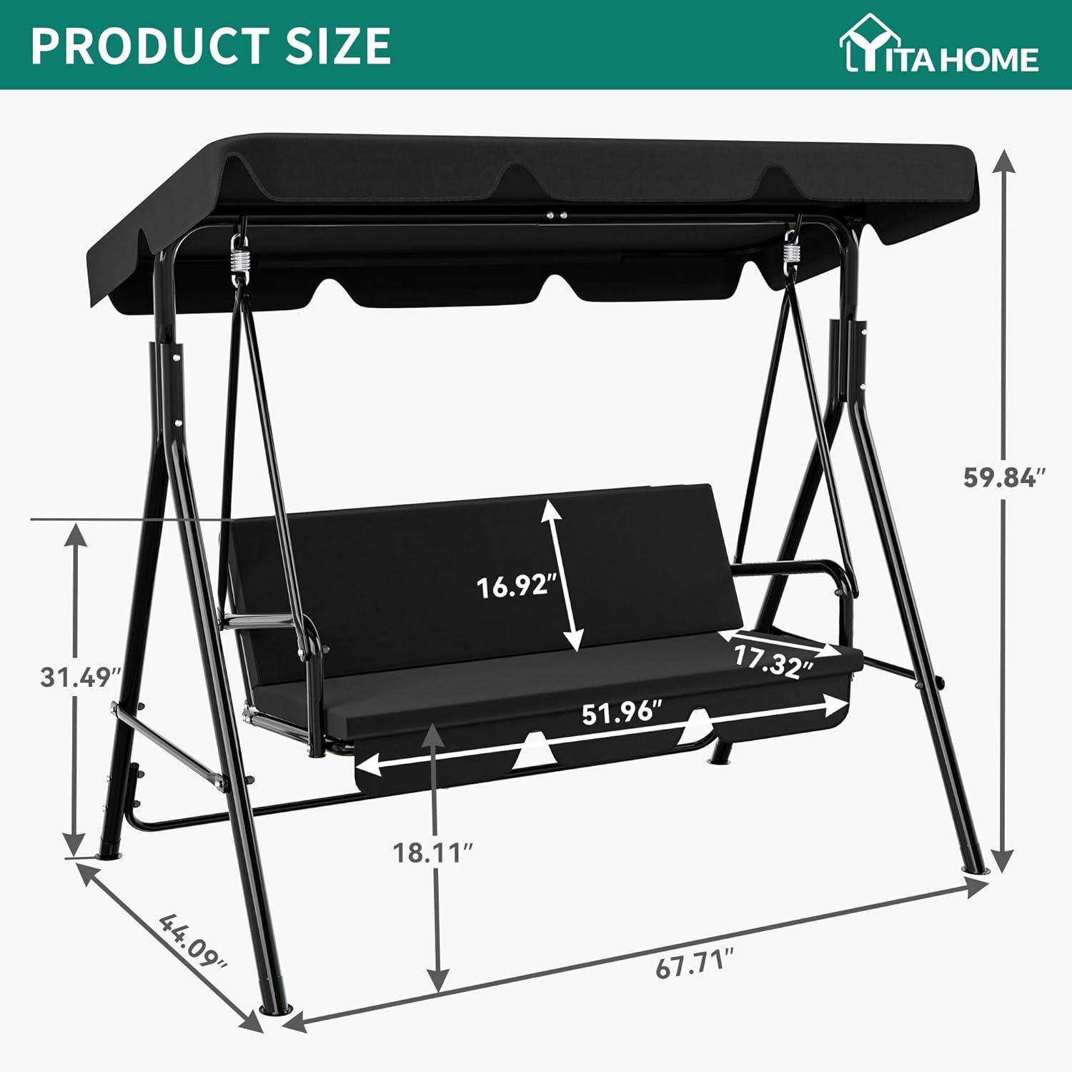 Black Steel 3-Person Outdoor Patio Swing with Adjustable Canopy