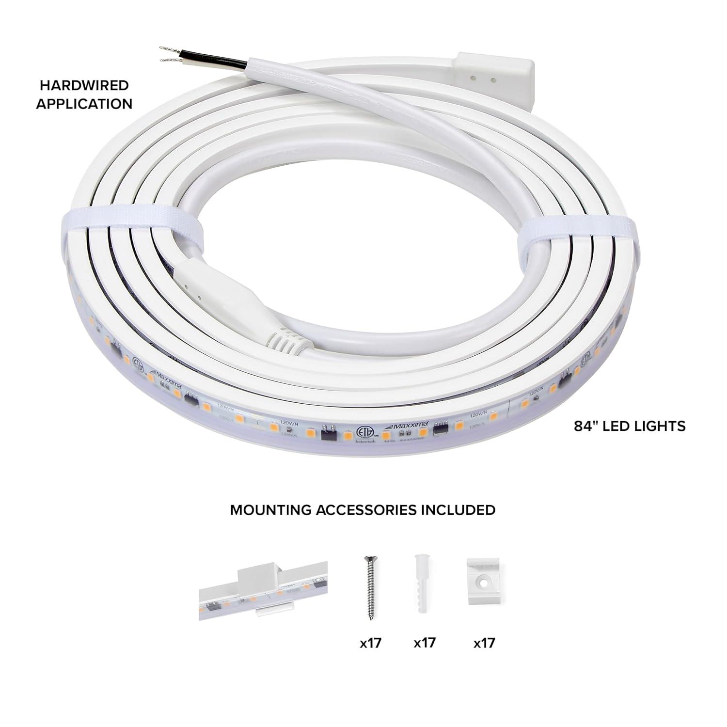 Maxxima 84 in. LED Under Cabinet Strip Light, Hardwired, 3220 Lumens, 3000K Warm White, 120V White Cove Light