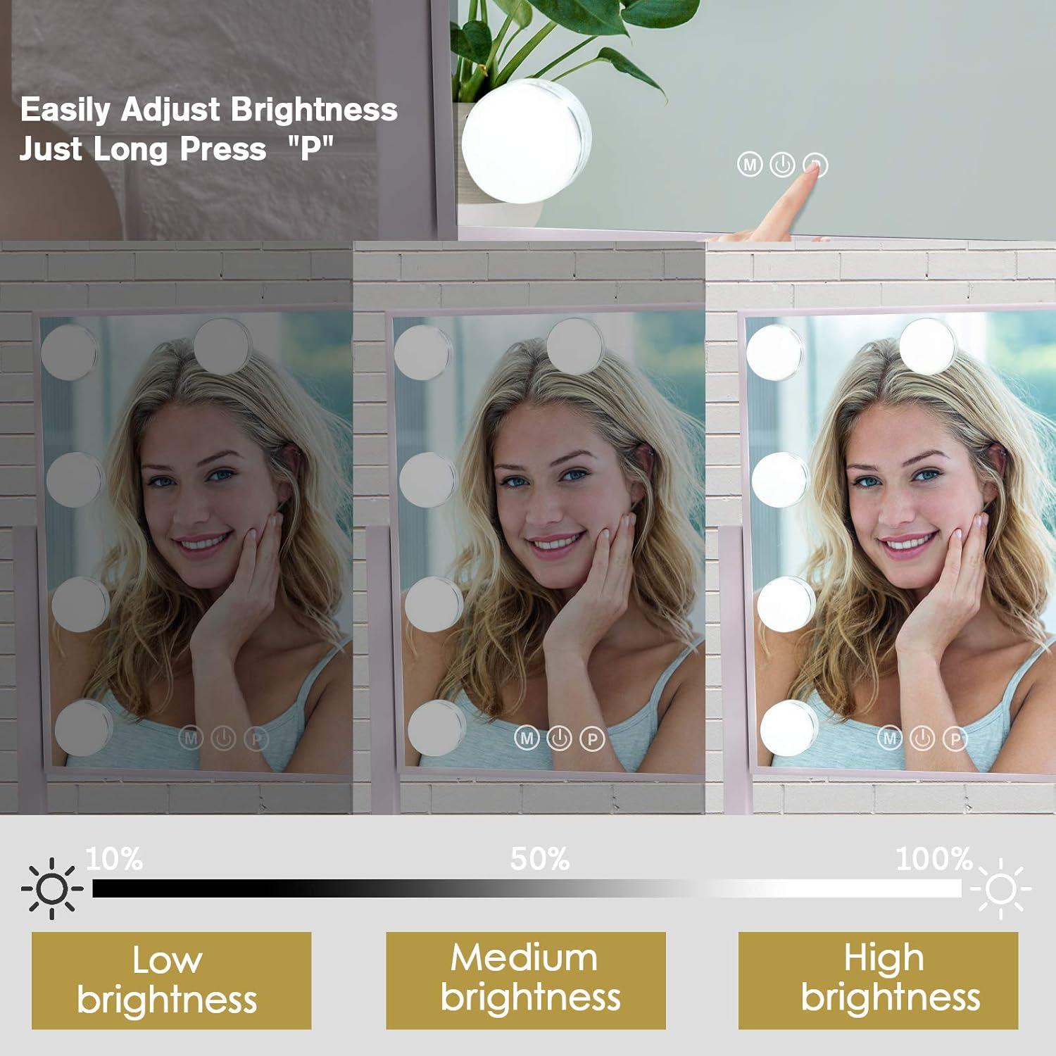 LinsCraft Lighted Makeup Mirror Hollywood Mirror Vanity Mirror With Lights, Touch Control Design 3 Colors Dimable LED Bulbs, Detachable 10X Magnification, 360°Rotation, (White) 12" L X 14" W