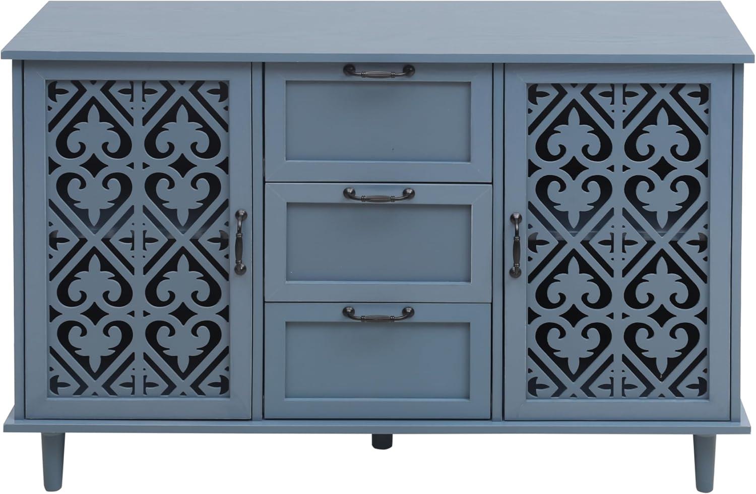 American Retro Cabinet with 2 Doors & 3 Drawers, Freestanding Storage Unit with Hollow Pattern for Bedroom, Living Room, Office, Club, Study, Blue