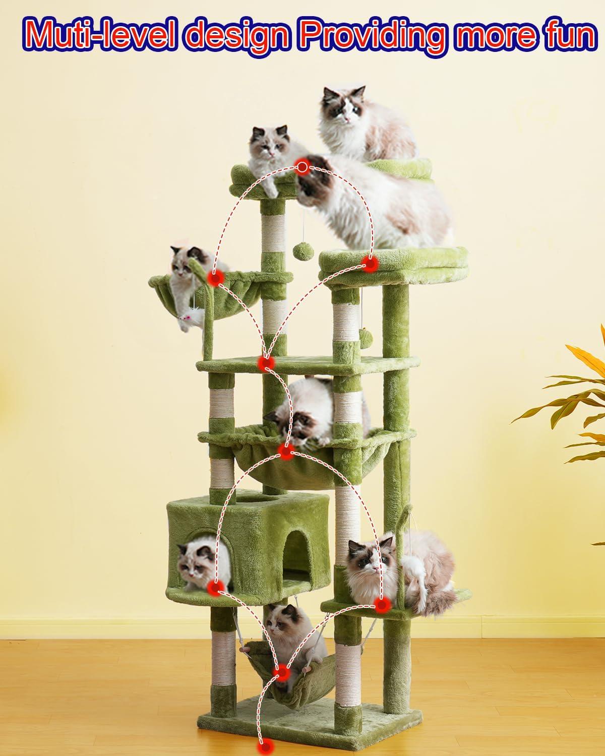 63" Cat Tree For Large Breeds - Spacious Platforms, Hammock, Sisal Scratching Posts & Cat Condo, Indoor Use