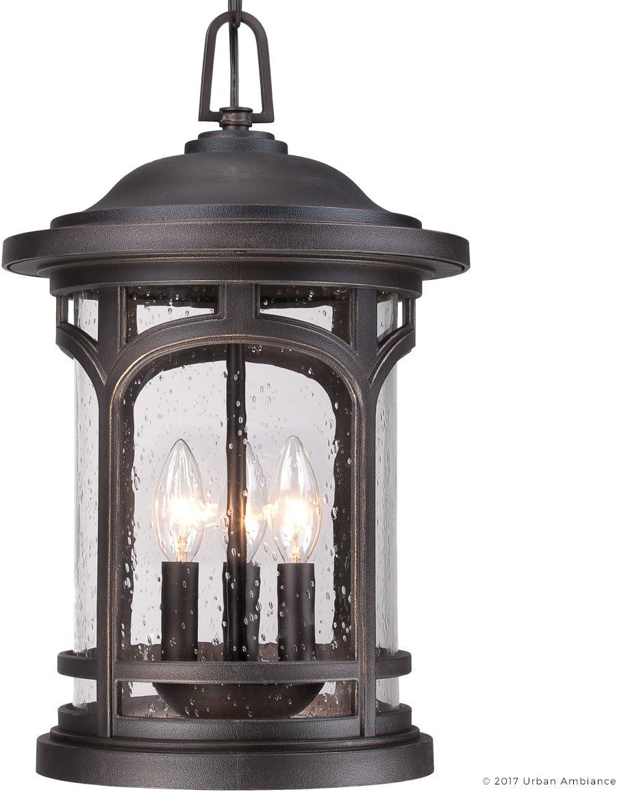 Urban Ambiance Luxury Rustic Outdoor Pendant Light, Large Size: 18"H x 11"W, with Colonial Style Elements, Wrought Iron Design, Oil Rubbed Parisian Bronze Finish and Seeded Glass, UQL1109