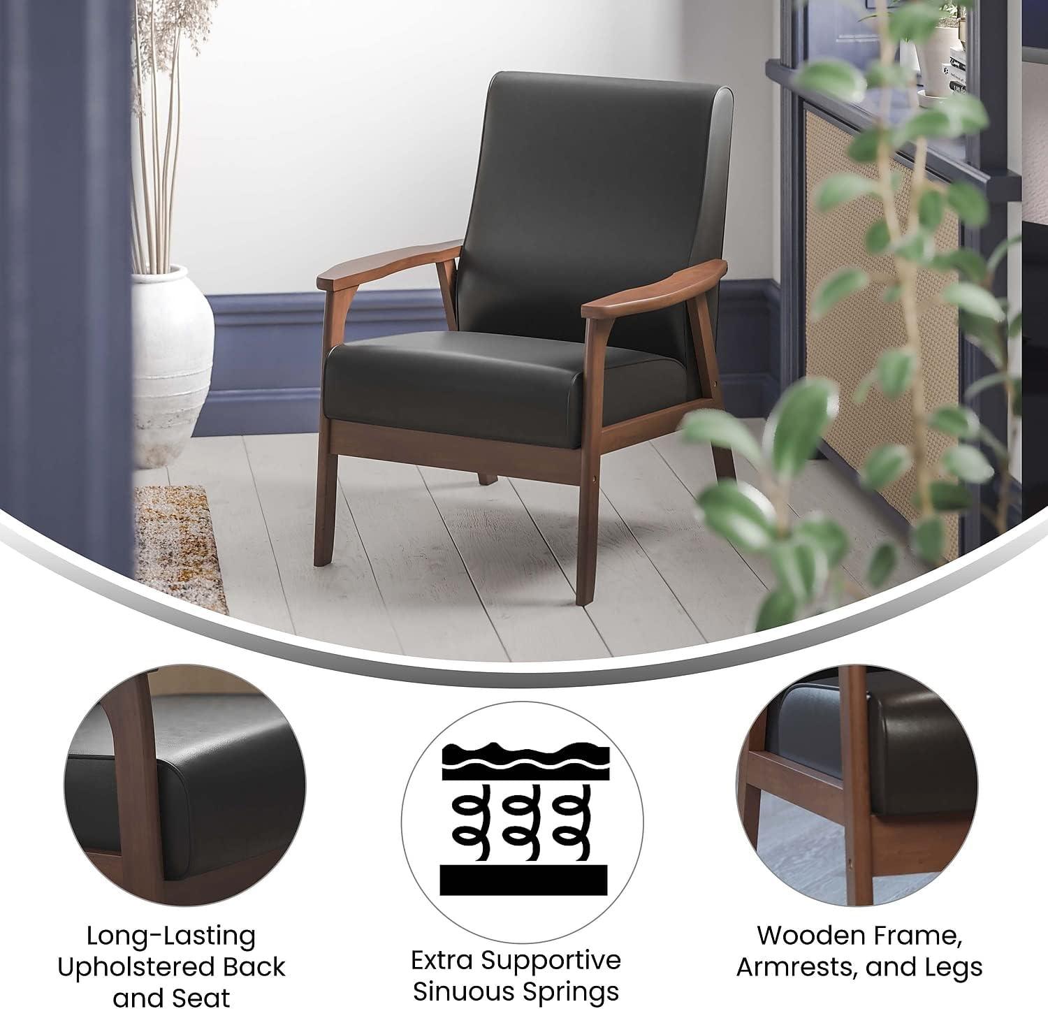 Mid-Century Modern Black Leather Accent Chair with Walnut Wood Frame