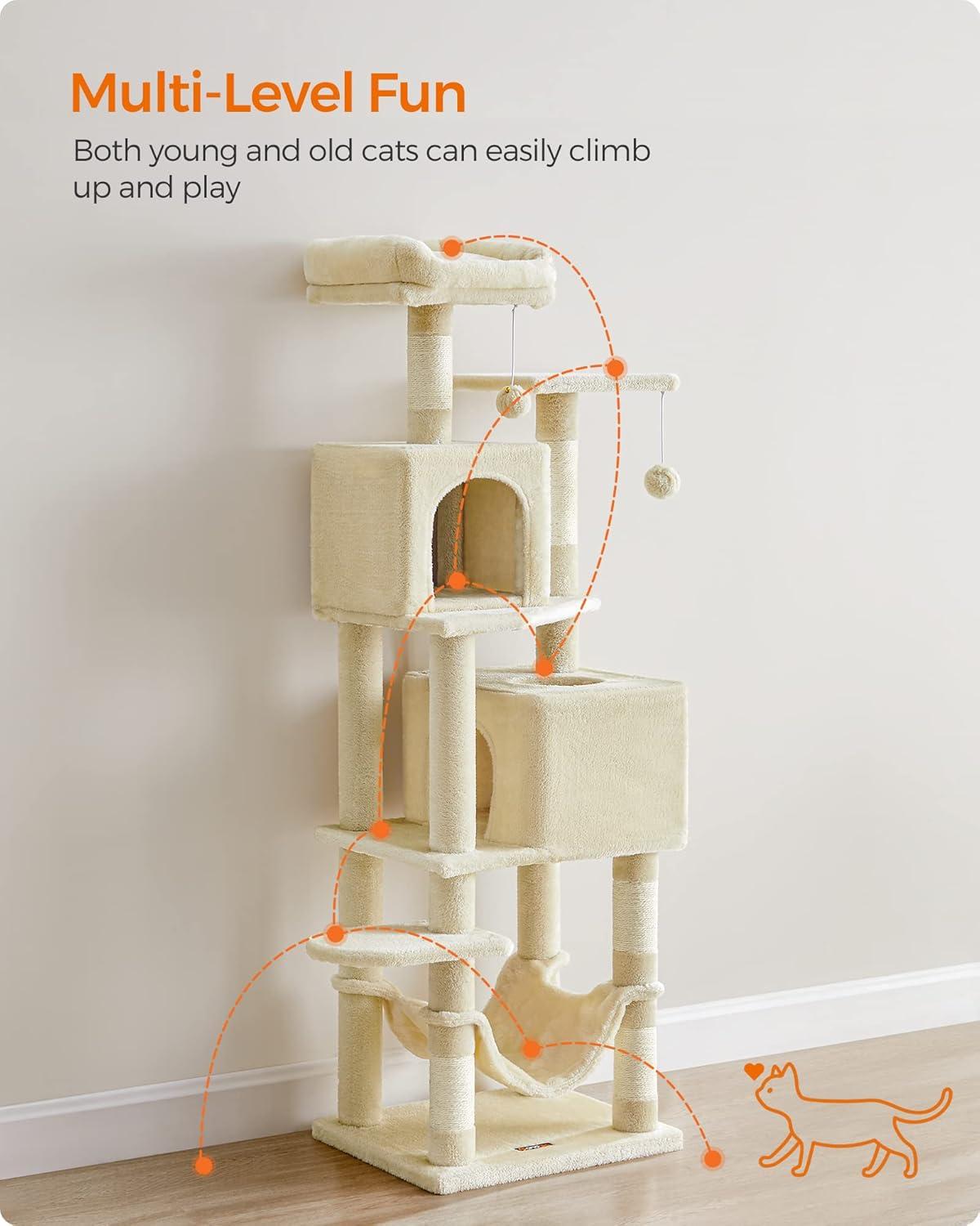 Feandrea Cat Tree, 61-Inch Cat Tower for Indoor Cats, Plush Multi-Level Cat Condo with 5 Scratching Posts, 2 Perches, 2 Caves, Hammock, 2 Pompoms, Jelly Pink UPCT192P01