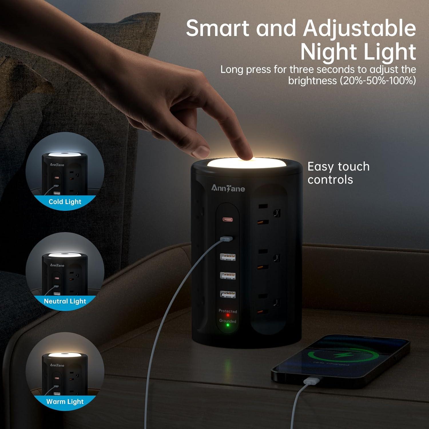 Black 12-Outlet Power Strip Tower with USB Ports and Night Light