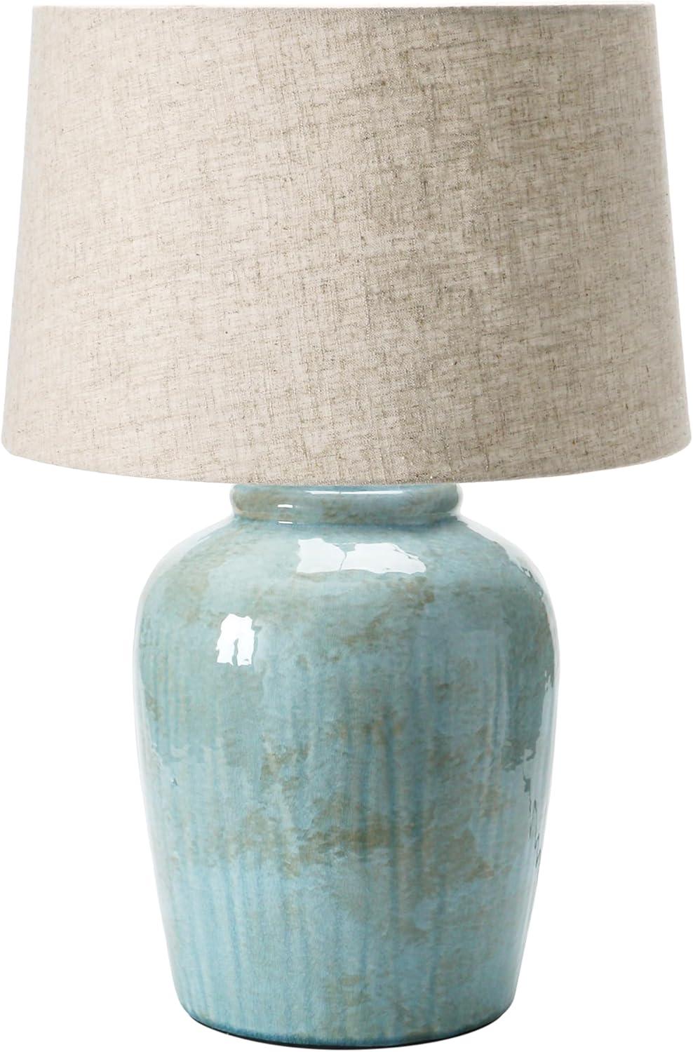 Aqua Blue Stoneware Table Lamp with Ivory Linen Shade