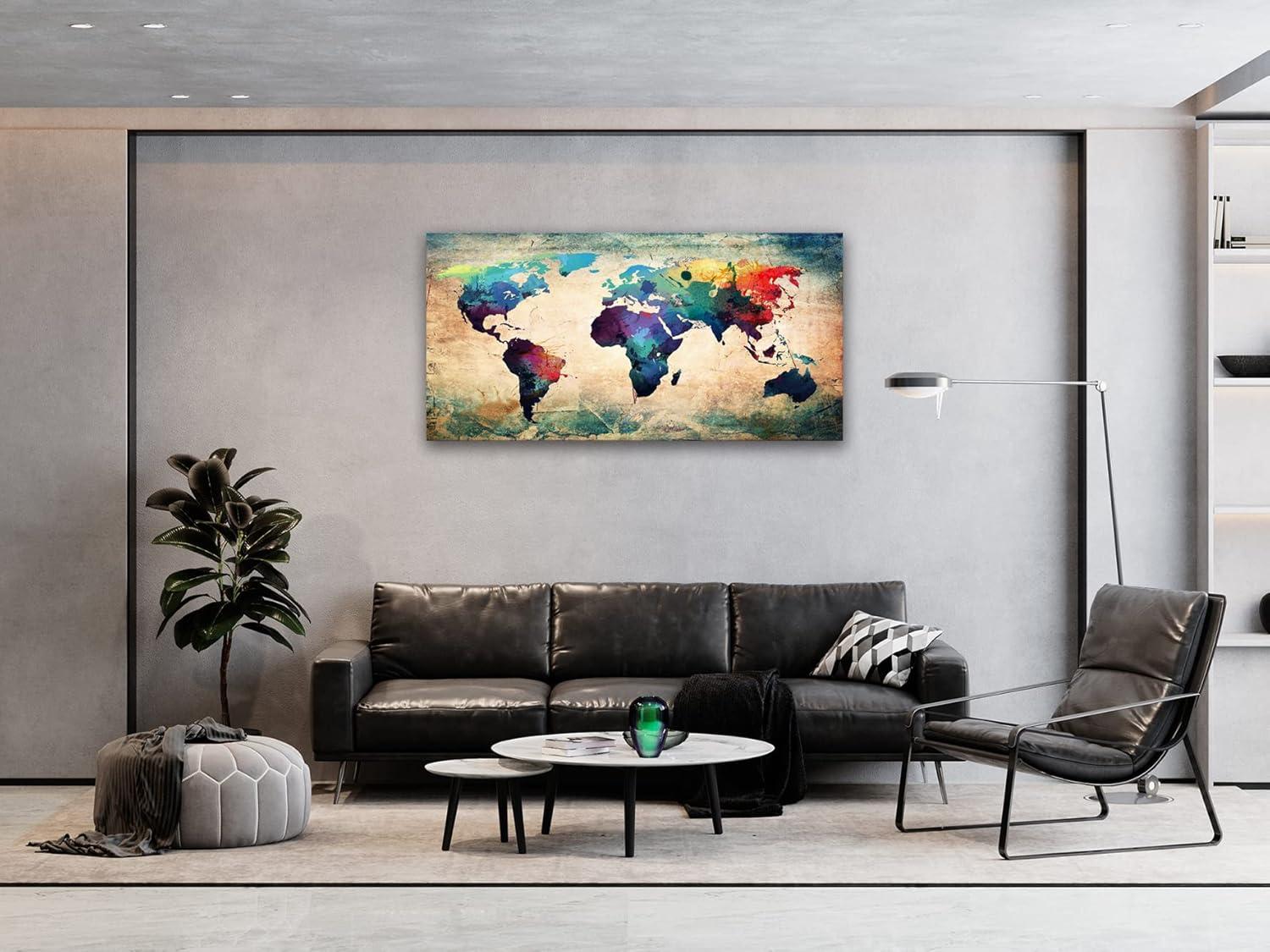 Baisuwallart-A62050 Abstract World Map Canvas Painting Vintage Posters Prints Colorful Wall Art Wall Pictures Framed Ready to Hang for Living Room Bedroom Office Home Decor