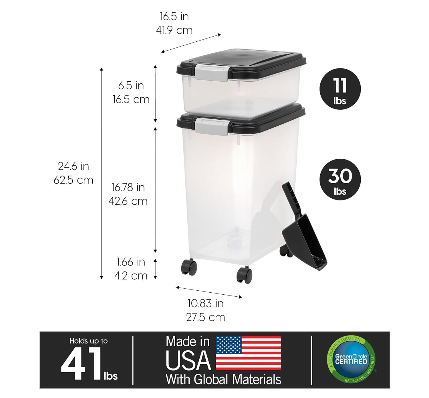 IRIS USA 30 lbs & 11 lbs Combo Airtight Dog Food Storage Container, Stackable Treat Box, 2-Cup Scoop, Casters, Keep Fresh, Easy Mobility, Black