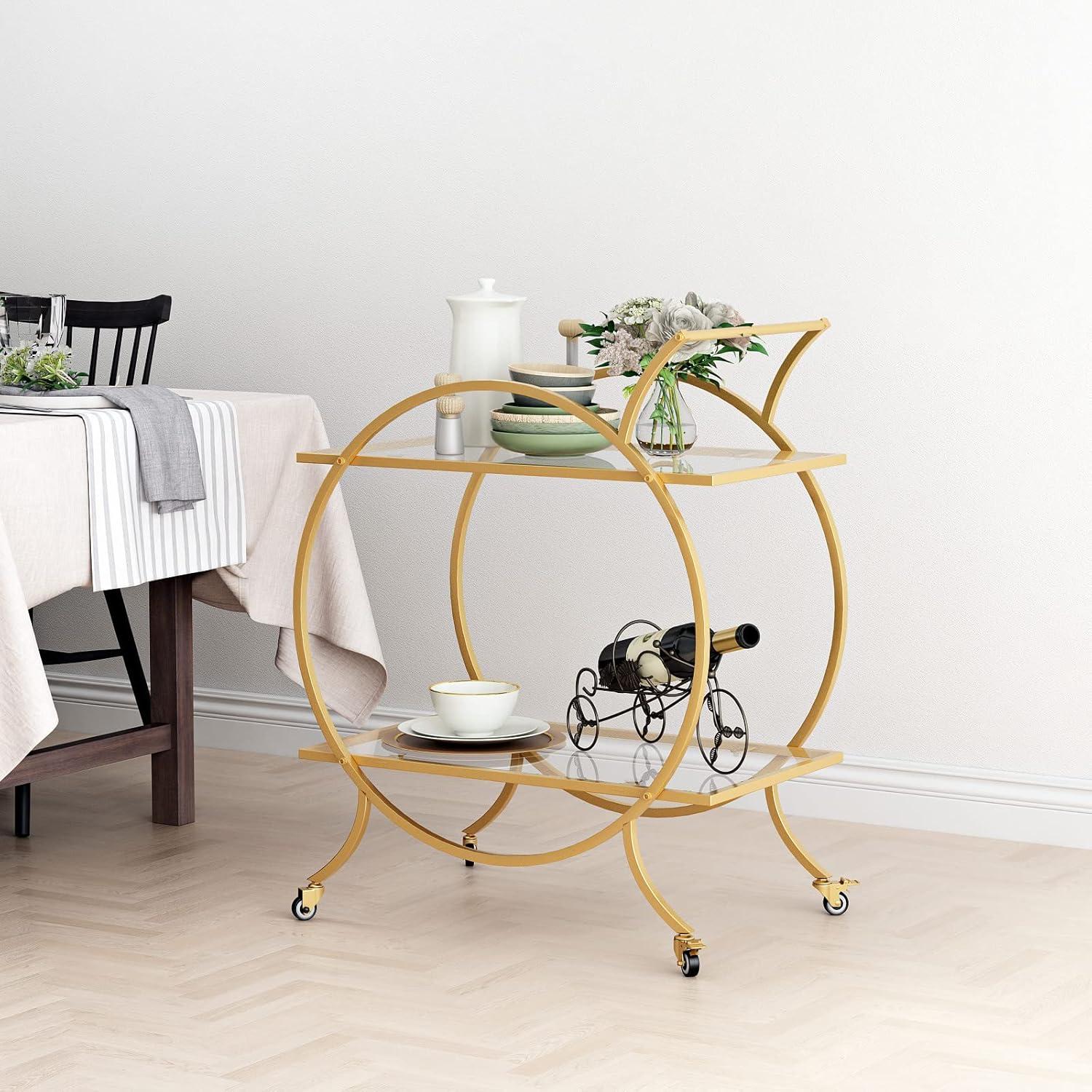 Gold Round Metal and Glass 2-Tier Bar Cart