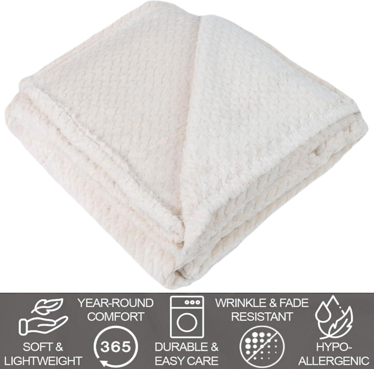 Plush Textured Waffle Knit 60”L x 50”W Lightweight Reversible Microfiber Sherpa Throw Blanket for Adults, Kids, Pets, Beds, Couches and Loveseats in Cream