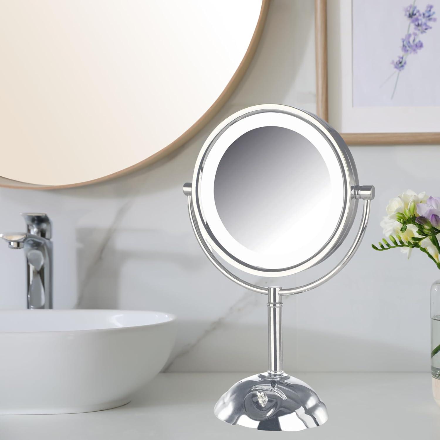 JERDON 8.5" Diameter LED Lighted Tabletop Makeup Mirror - 1X and 8X Magnification - Chrome Finish - Plug In - Model HL8808CL