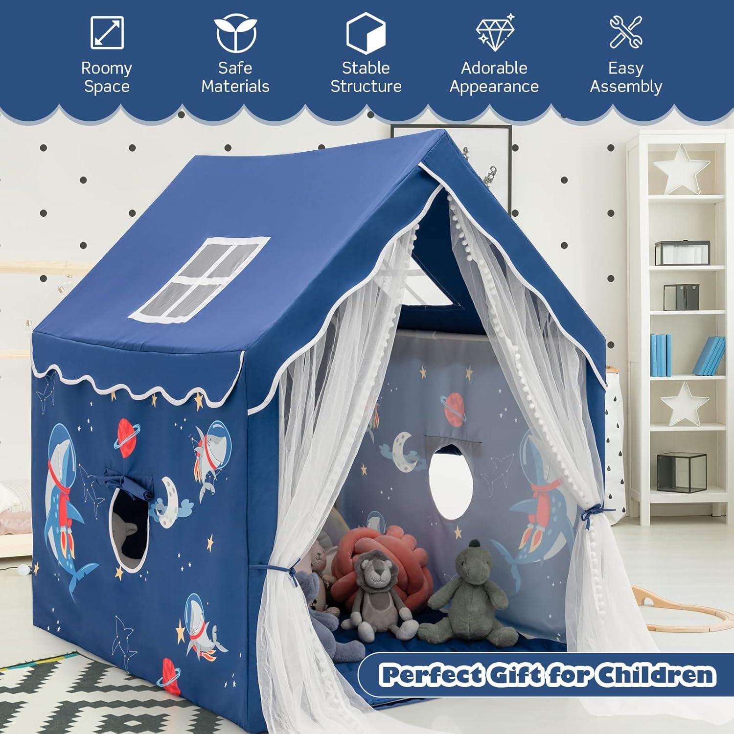 Blue Children's Indoor Play Tent with Cotton Mat and Mesh Curtains