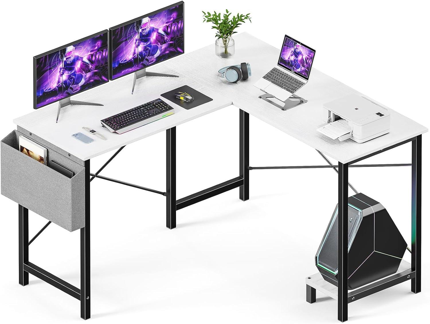 White L-Shaped Gaming Desk with Drawer and Headphone Hook