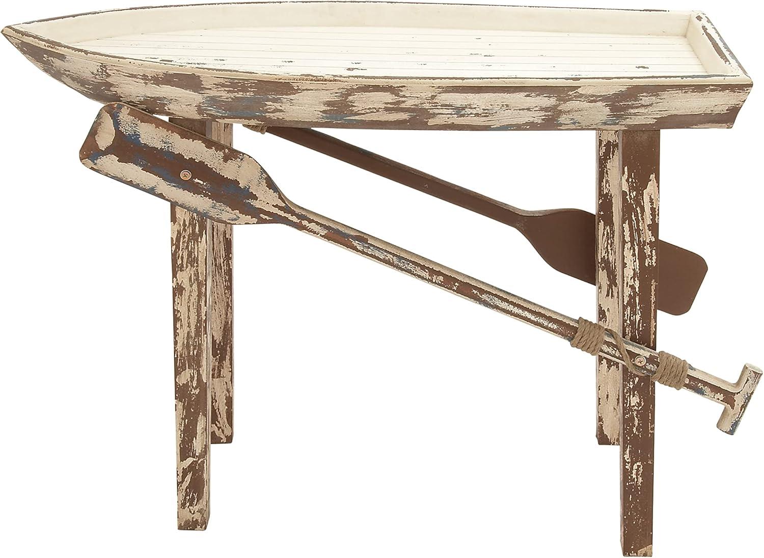 DecMode 49" x 33" White Wood Distressed Tray Top Boat Accent Table with Oar Detailed Legs, 1-Piece