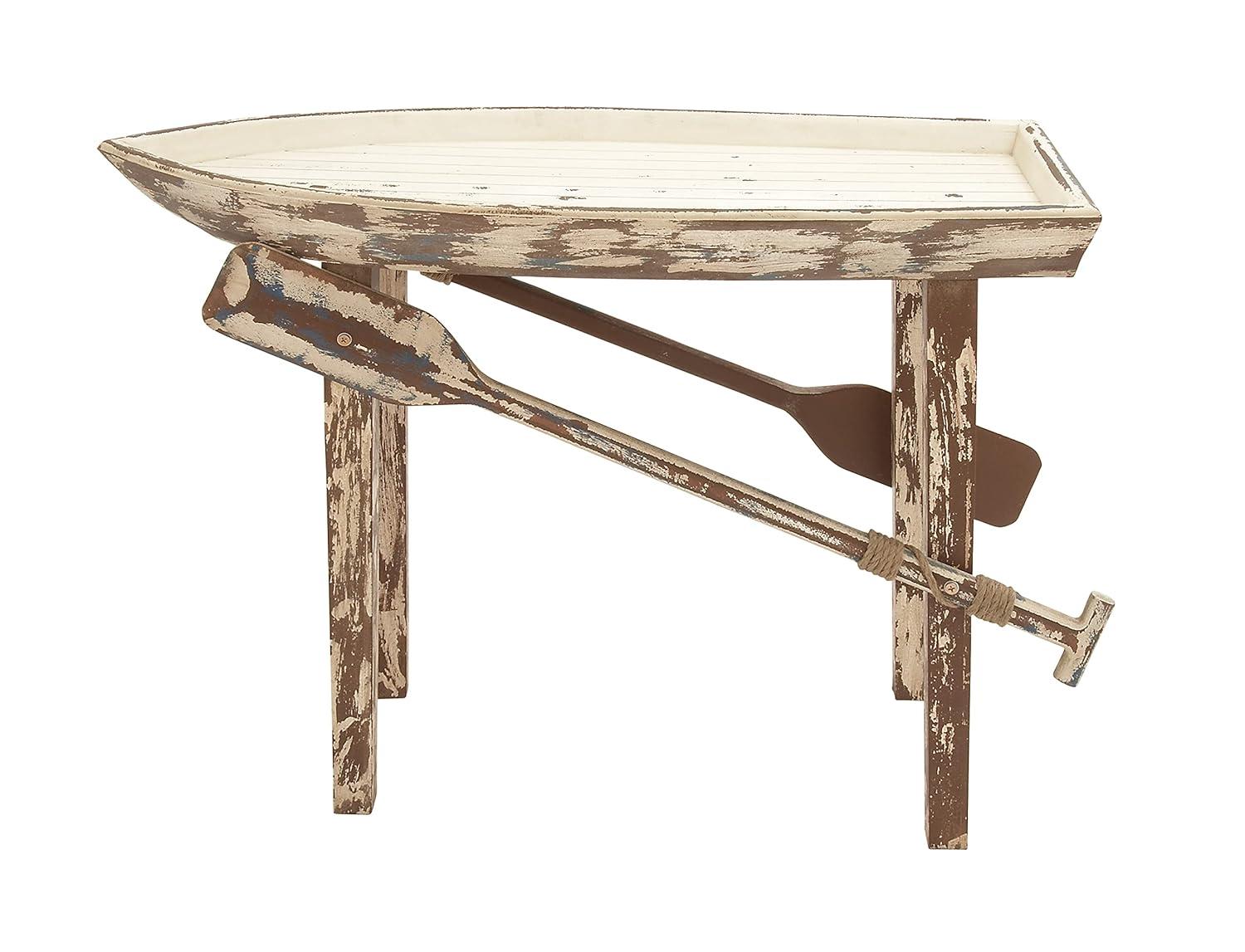 DecMode 49" x 33" White Wood Distressed Tray Top Boat Accent Table with Oar Detailed Legs, 1-Piece