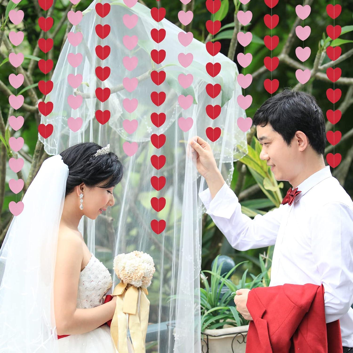 216pcs Valentine Heart Garland Red Pink Heart Hanging Banner Decoration Valentine's Day Love Heart Hanging String Garland for Valentines Wedding Engagement Birthday