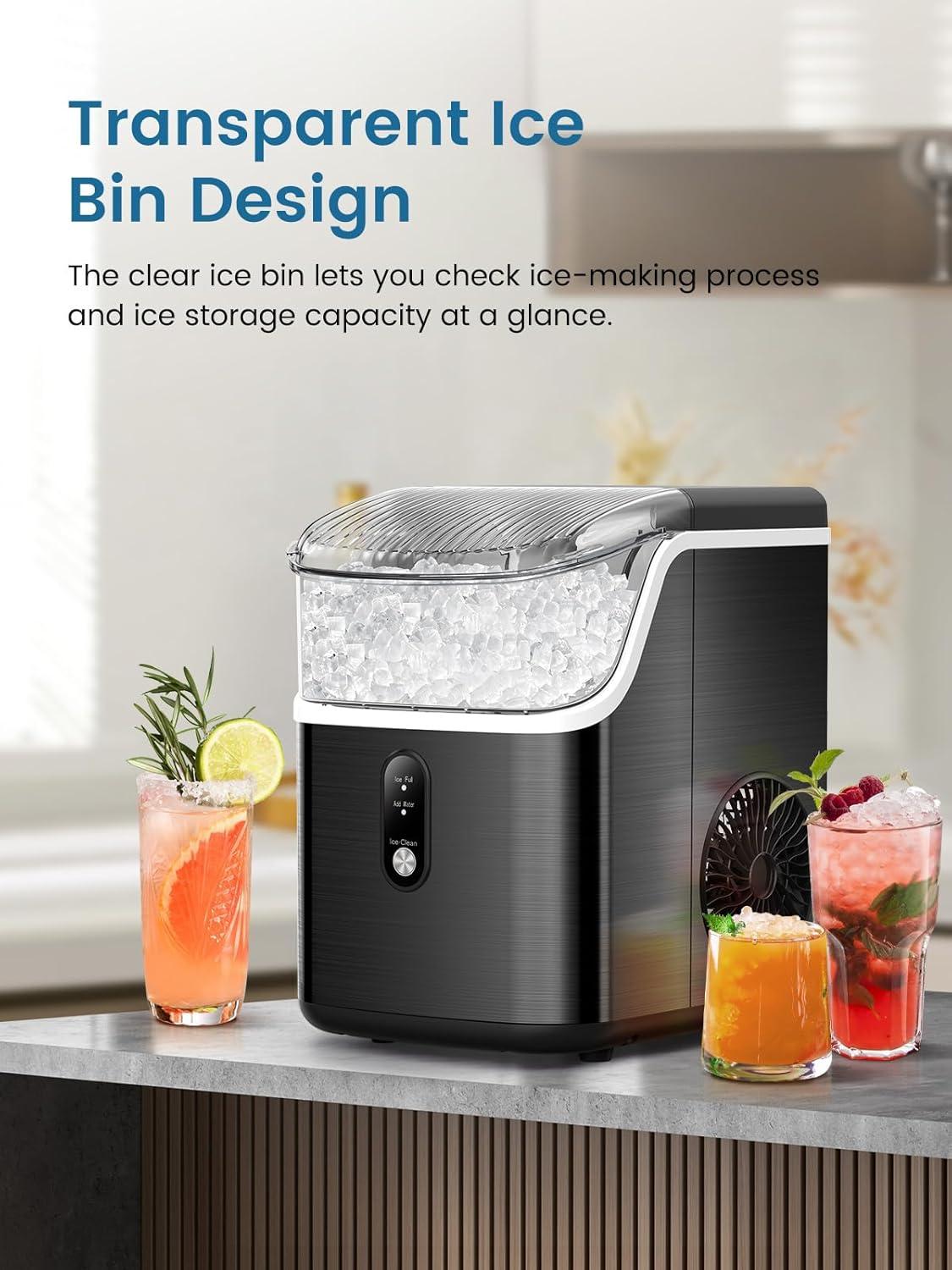 Compact Black Stainless Steel Nugget Ice Maker with Scoop