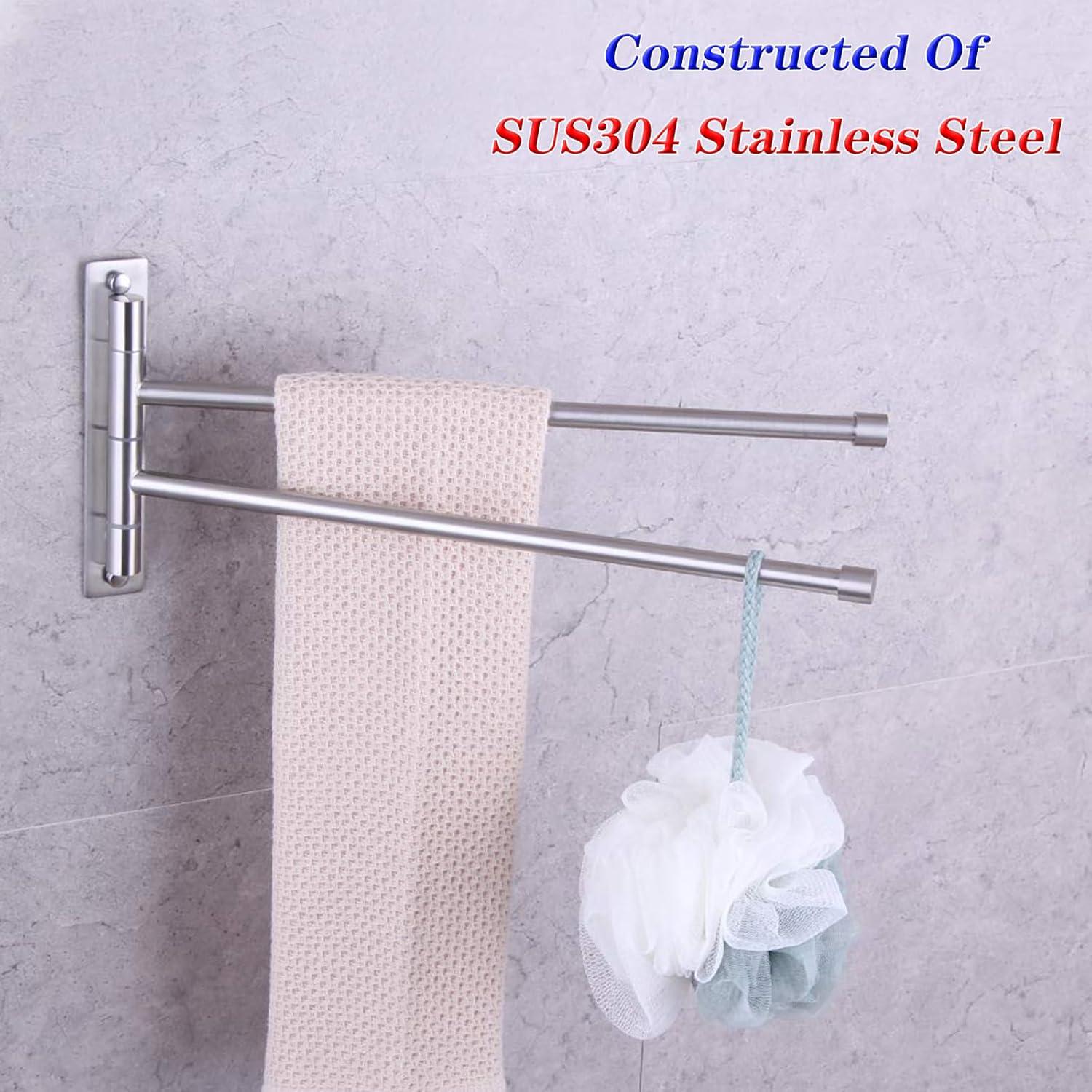 Stainless Steel Swing Out Towel Bar 2-Bar Folding Arm Swivel Hanger Bathroom Storage Organizer Rustproof Wall Mount Brushed Finish