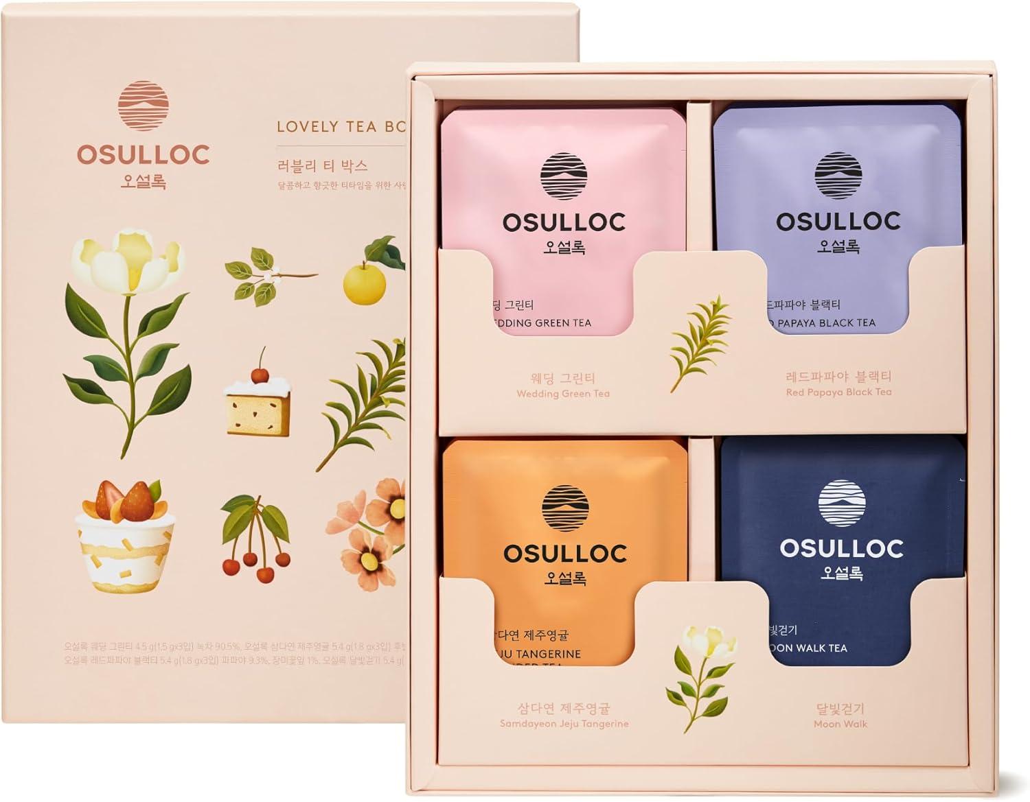 OSULLOC Lovely Tea Gift Box Set (12 count, 4 flavors x 3 EA) | Premium Blended Tea from Jeju | Korean Tea Sampler | Fruit Tea Variety Pack | Pyramid Tea Bag Series