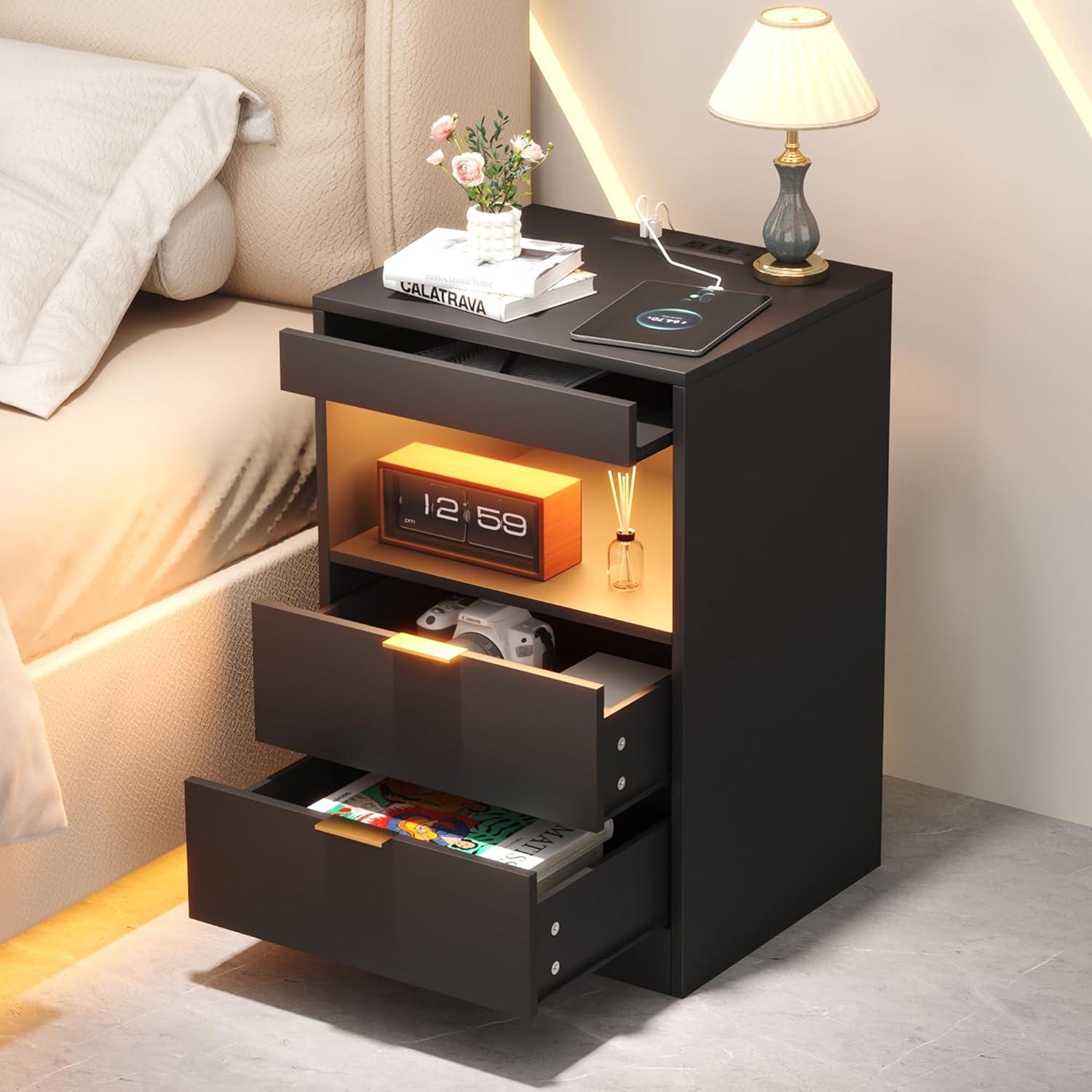 Black MDF Nightstand with LED Lights and Charging Station