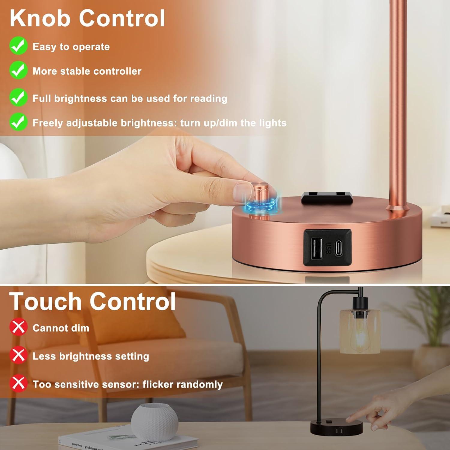 Latitude Run® Industrial Touch Table Lamps for Bedrooms Set of 2 - 3-Way Dimmable Nightstand Lamps with USB C+A Ports and Outlet, Bedside Lamps with Glass Shade for Living Room, Desk Lamps for Home Office