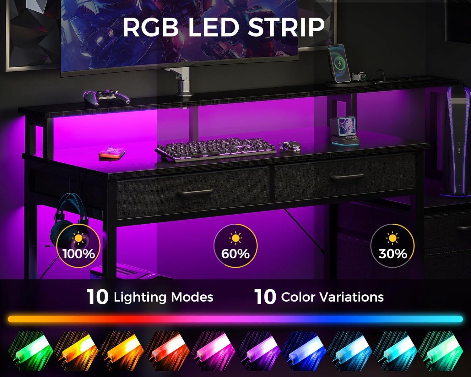 FETON 55-Inch Computer Desk with File Cabinet and Fabric Drawers, Reversible Office Desk with LED Strip and Power Strip, Gaming Desk with Monitor Riser, Writing/Study Table for Home, Black