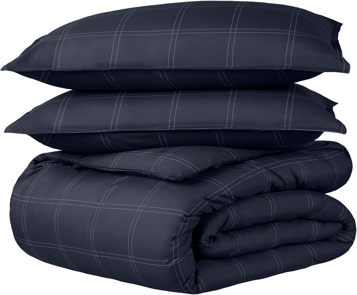 King/Cal King Modern Plaid - Midnight Blue/White Double Brushed Duvet Set by Bare Home