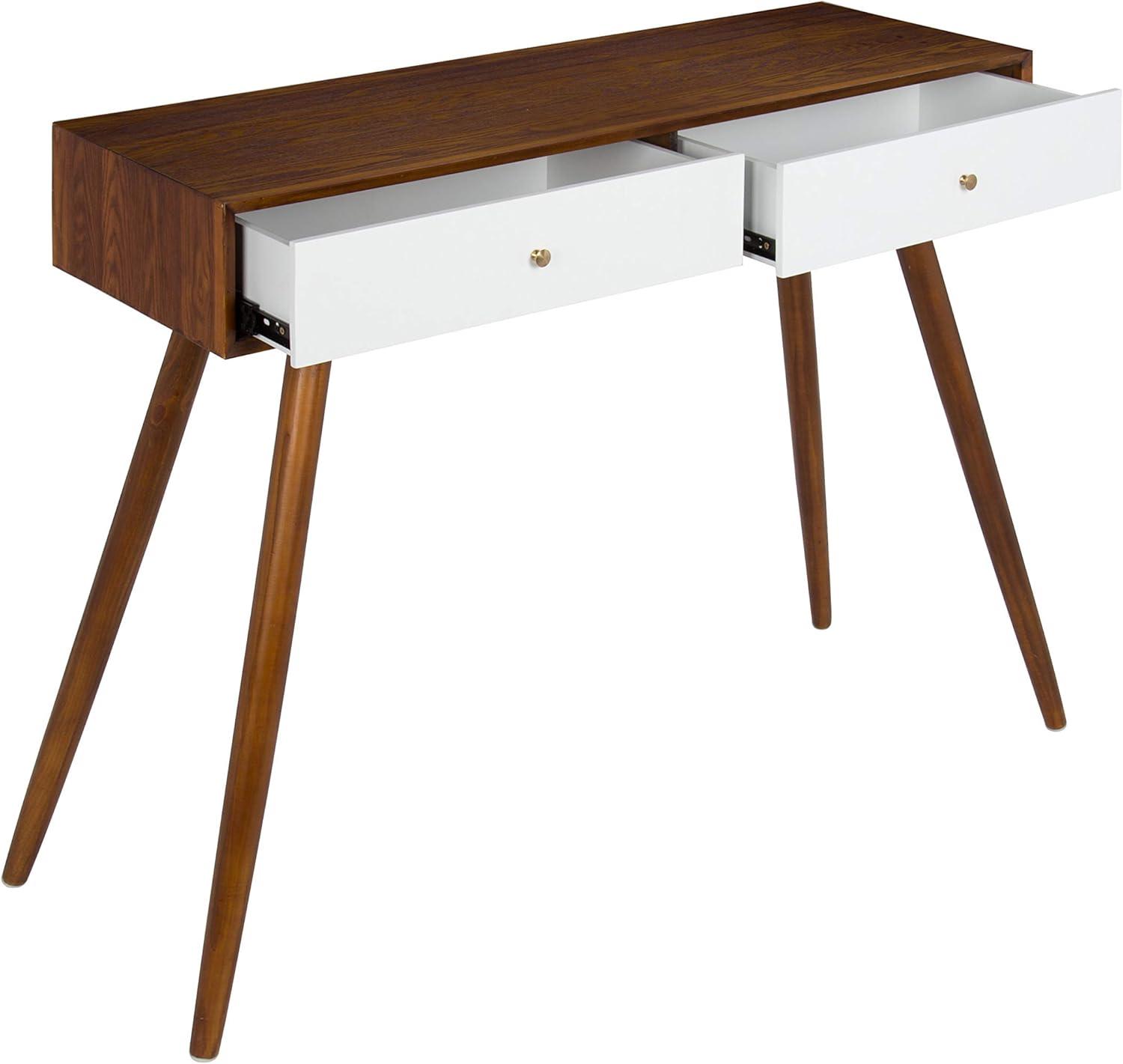 Kate and Laurel Finco Midcentury Modern Style 2 Drawer Console Table, Walnut Brown and White Finish with Brass Hardware