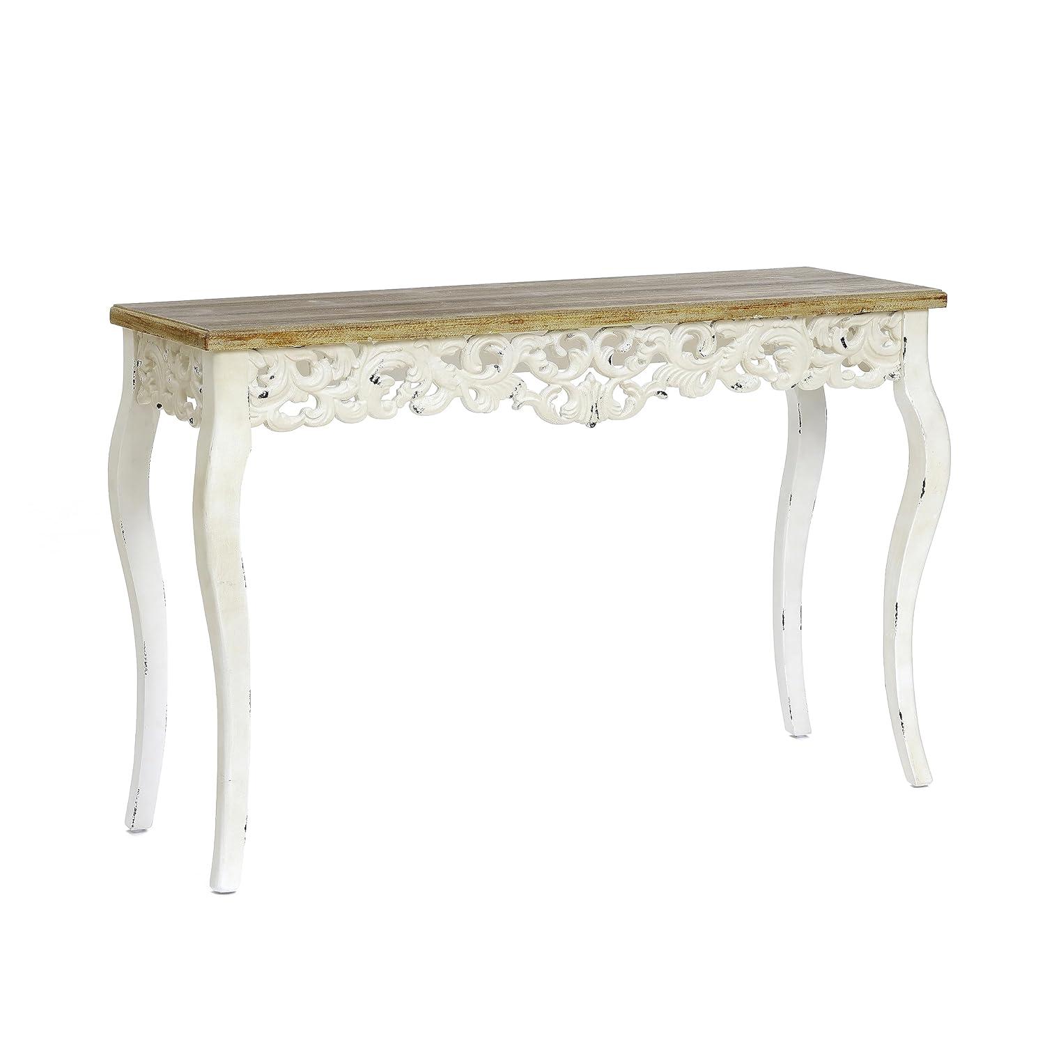 LuxenHome Victorian Off White and Natural Wood Console and Entry Table Off-White