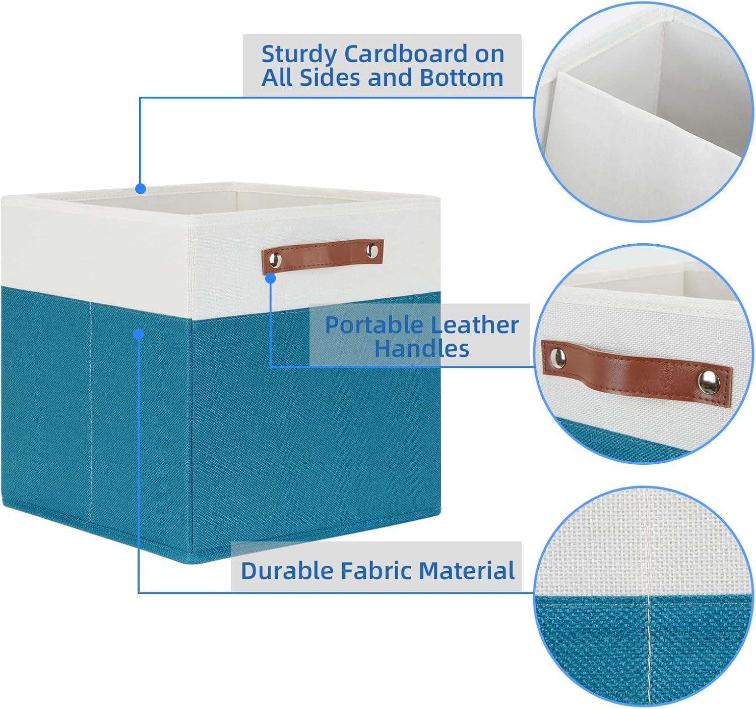 Tegance 13x13 Storage Cubes Baskets 4 Pack Fabric Cube Storage Bins Large Storage Baskets with Leather Handles,Decorative Storage Boxes for Organizing Shelves(WhiteGreen)