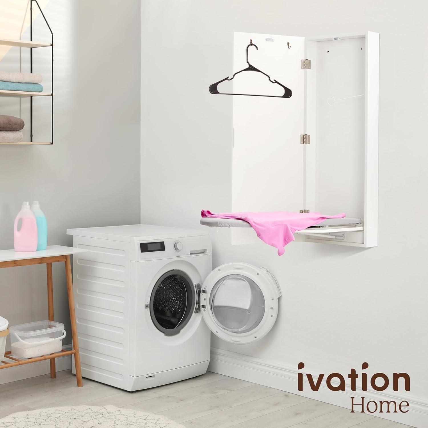 Ivation Ironing Board, Wall Mounted Ironing Board Cabinet W/Left Side Door, Mirror & Lever, White