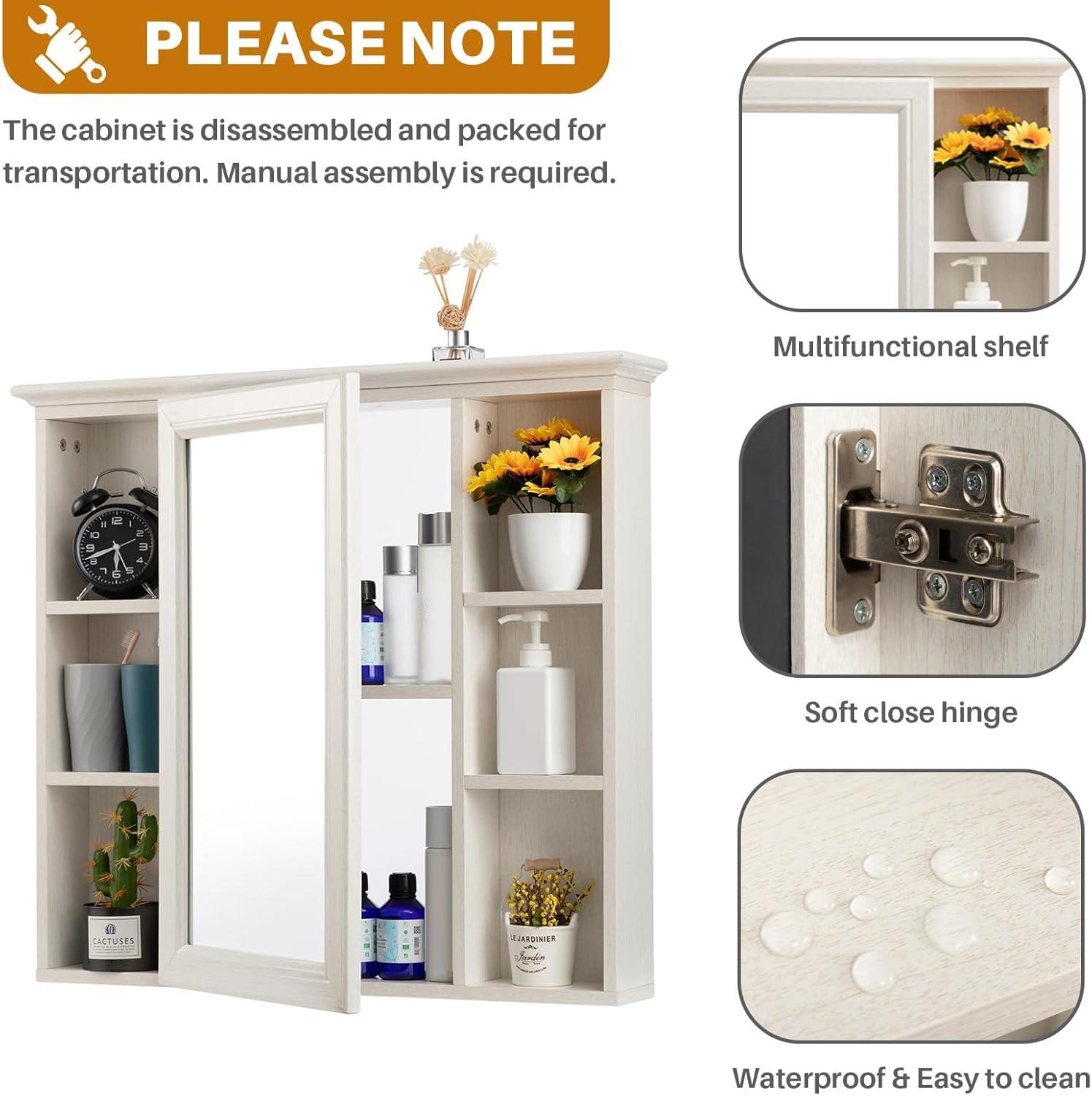 ALIMORDEN Mirror Medicine Cabinet with Shelves, Bathroom Wall Storage Cabinet, 30 Inch x 28 Inch, Over The Vanity, Toilet (No Back Board), White with Wood Grain