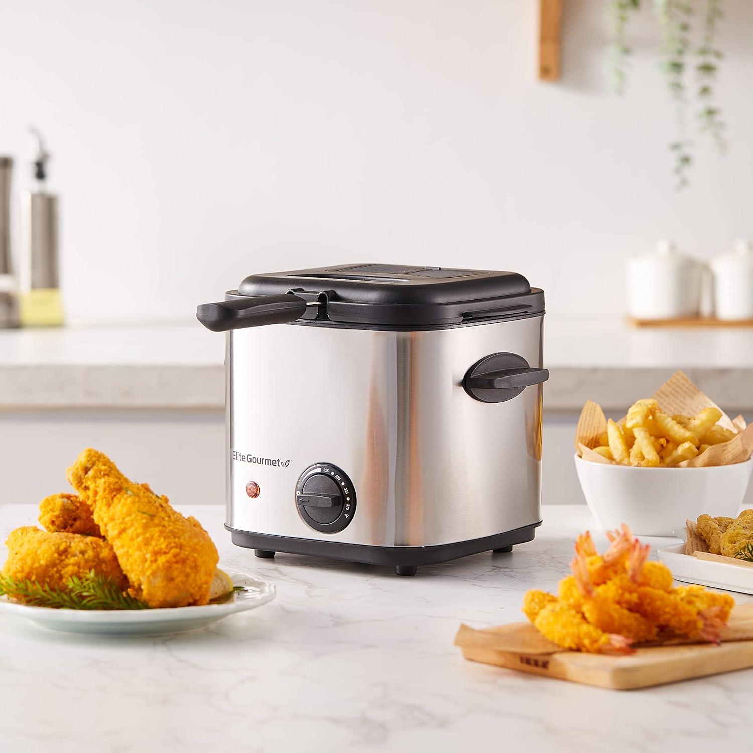 Elite Gourmet 1.5 qt 800W Electric Deep Fryer, Stainless Steel