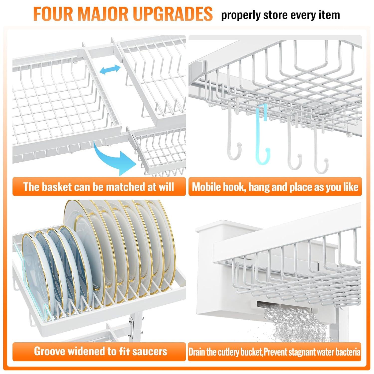YKLSLH Over Sink Dish Drying Rack, Expandable Large Drying Rack, Suitable for Most Sinks (24.8"-35.4"), Adjustable Metal Rack, Space Saving, White