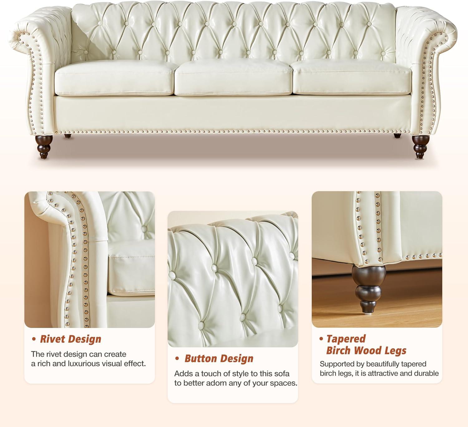 White Faux Leather Chesterfield Sofa with Rolled Arms and Nailhead Trim