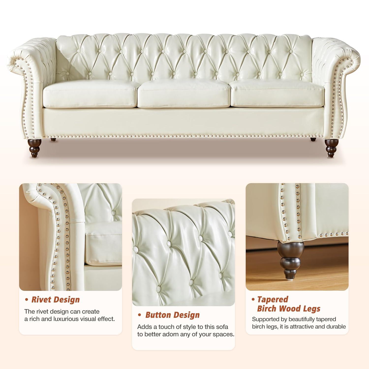 Chesterfield Sofa Faux Leather, Modern PU Tufted Couch 3 Seater with Rolled Arms and Nailhead for Living Room, Bedroom, Office, Apartment (White)