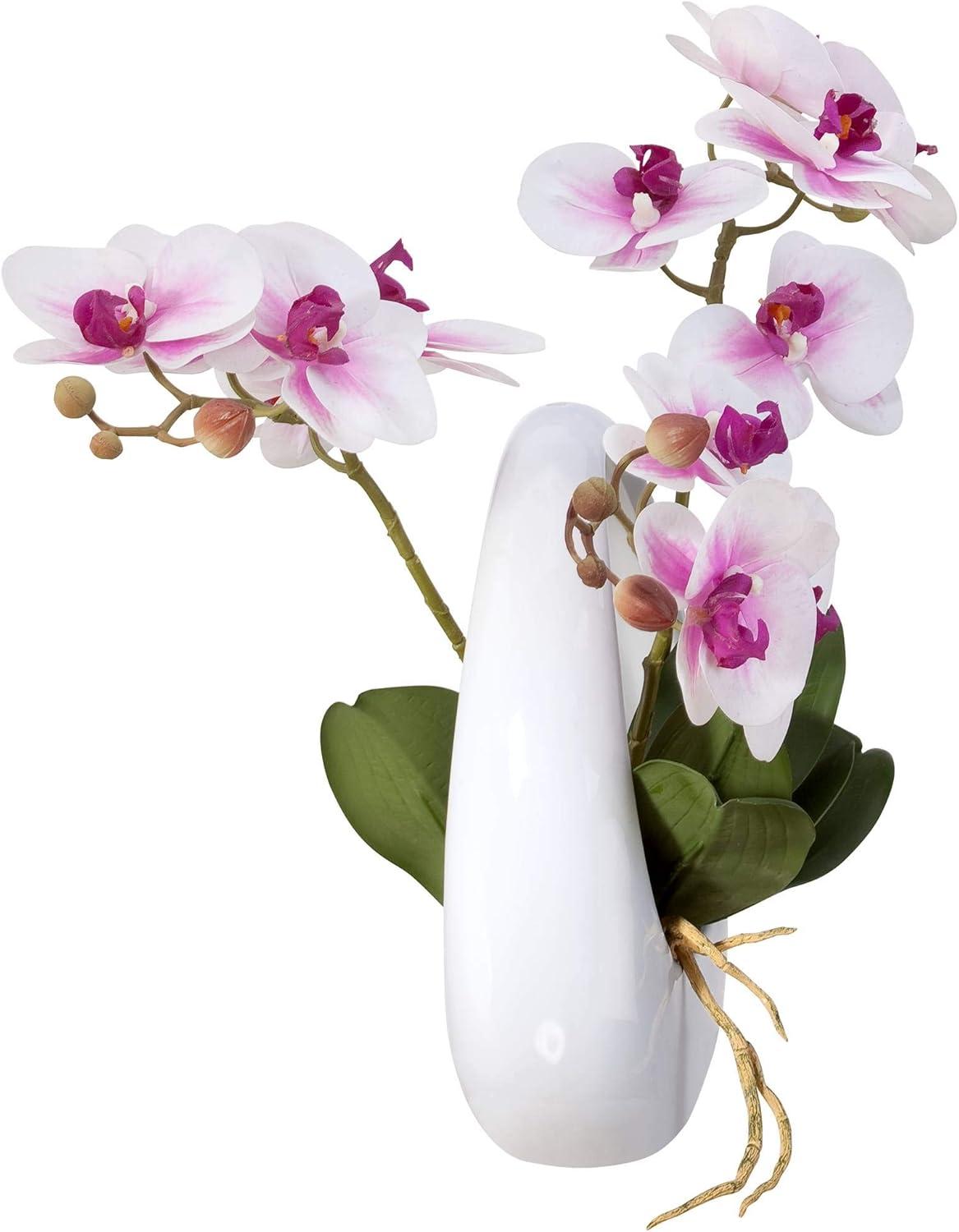 Dahlia Studios Potted Faux Artificial Flowers Realistic Pink White Phalaenopsis Orchid in Pot Home Decoration Living Room 13" High